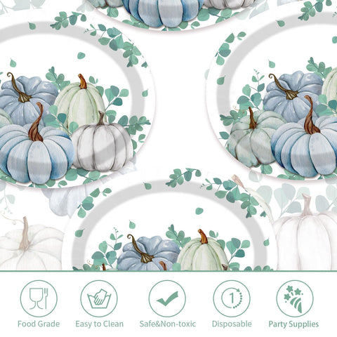50Pcs Blue and White Pumpkin Oval Paper Plates - Grencian