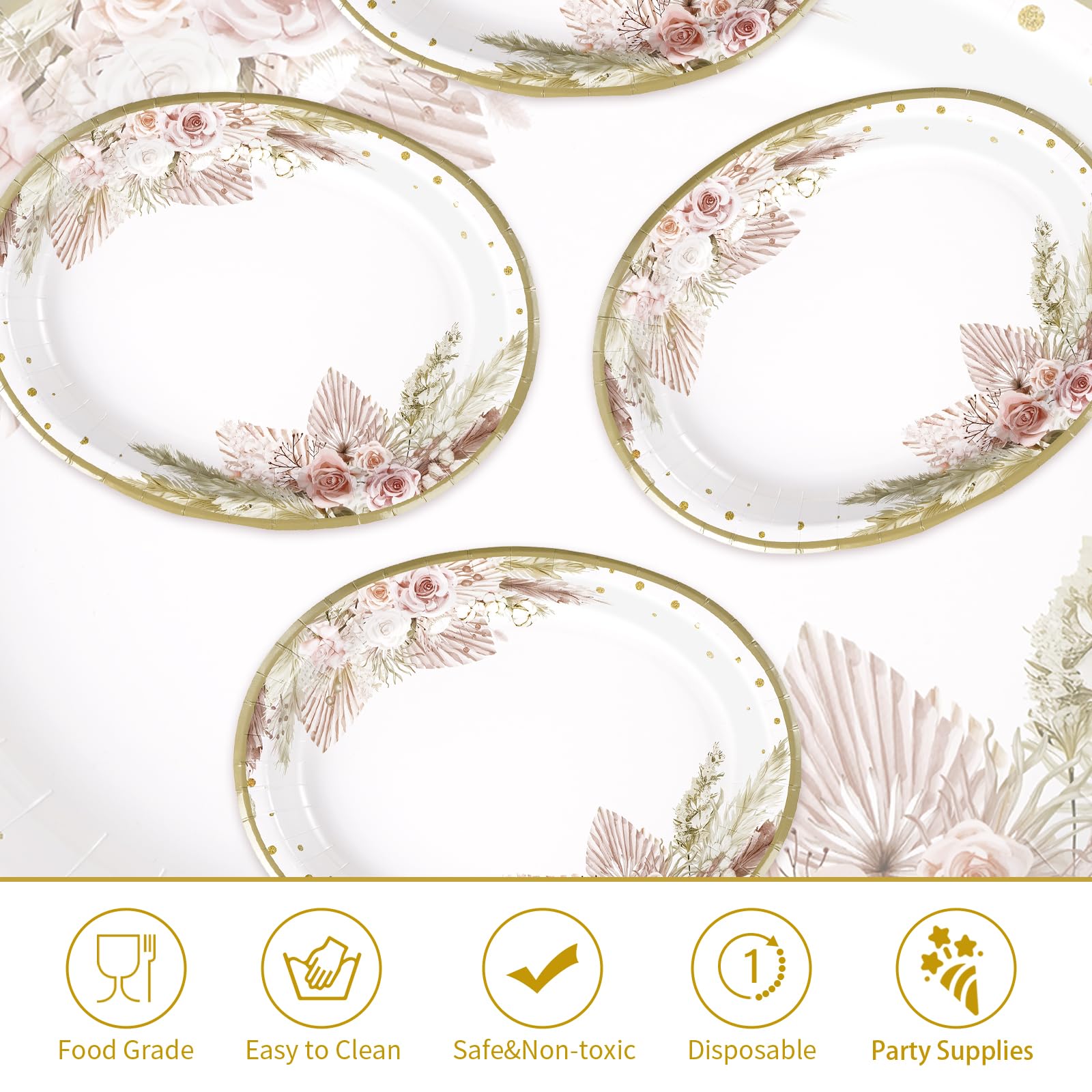 50Pcs Boho Oval Paper Plates - Grencian
