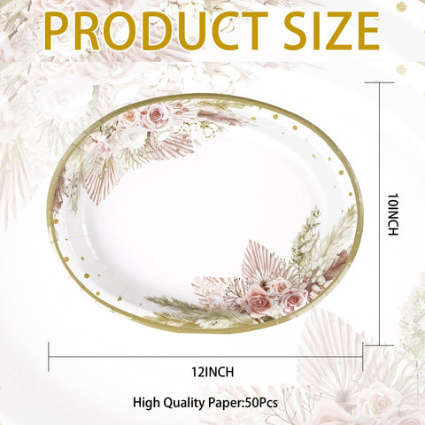 50Pcs Boho Oval Paper Plates - Grencian