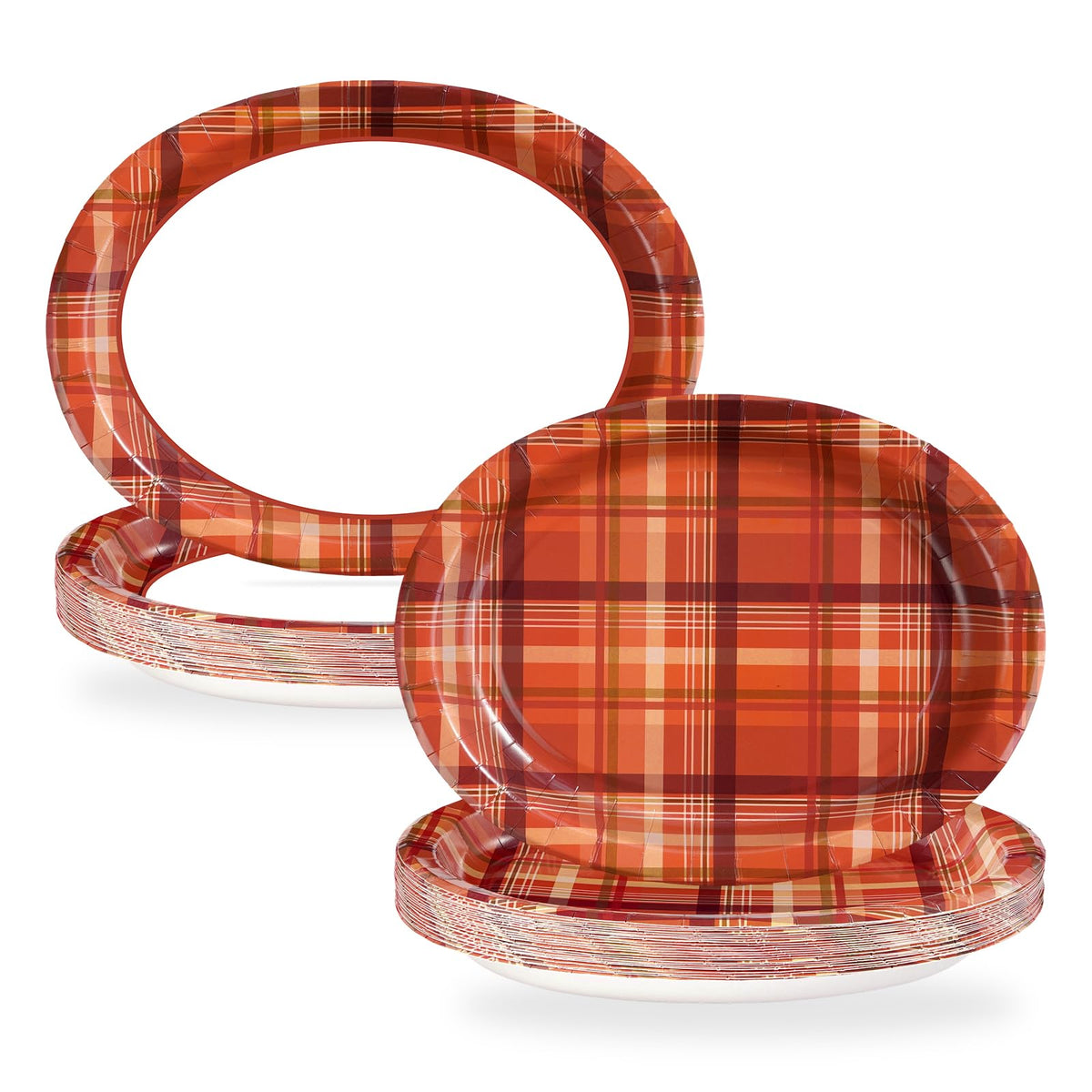 50Pcs Brown Orange Plaid Oval Paper Plates - Grencian