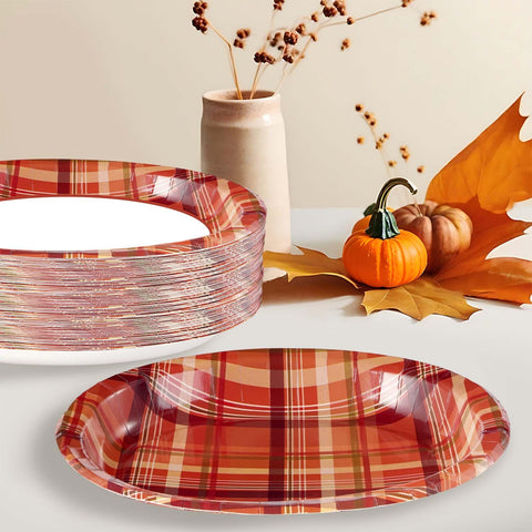 50Pcs Brown Orange Plaid Oval Paper Plates - Grencian