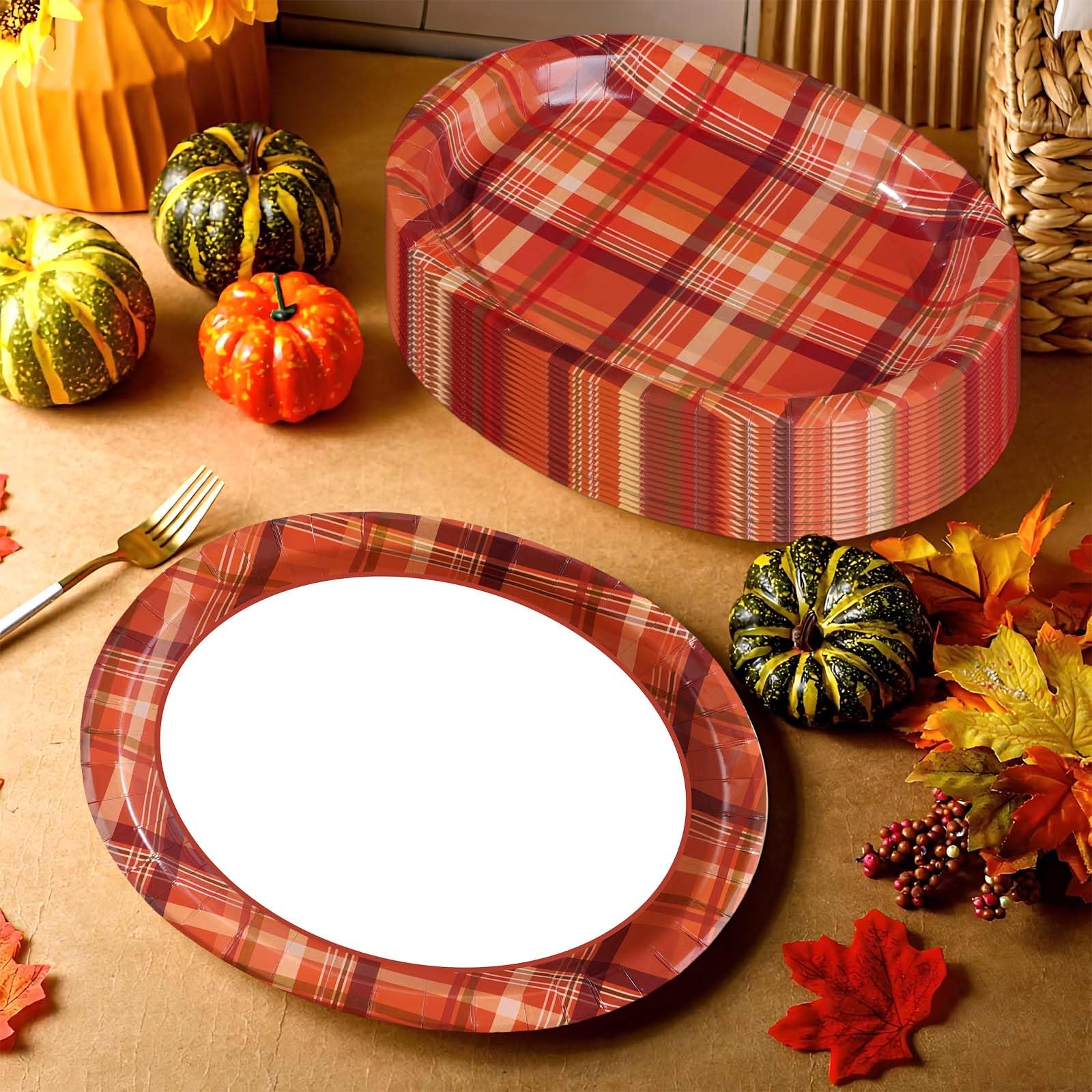 50Pcs Brown Orange Plaid Oval Paper Plates - Grencian