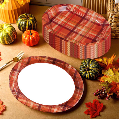 50Pcs Brown Orange Plaid Oval Paper Plates - Grencian