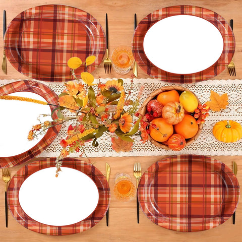 50Pcs Brown Orange Plaid Oval Paper Plates - Grencian
