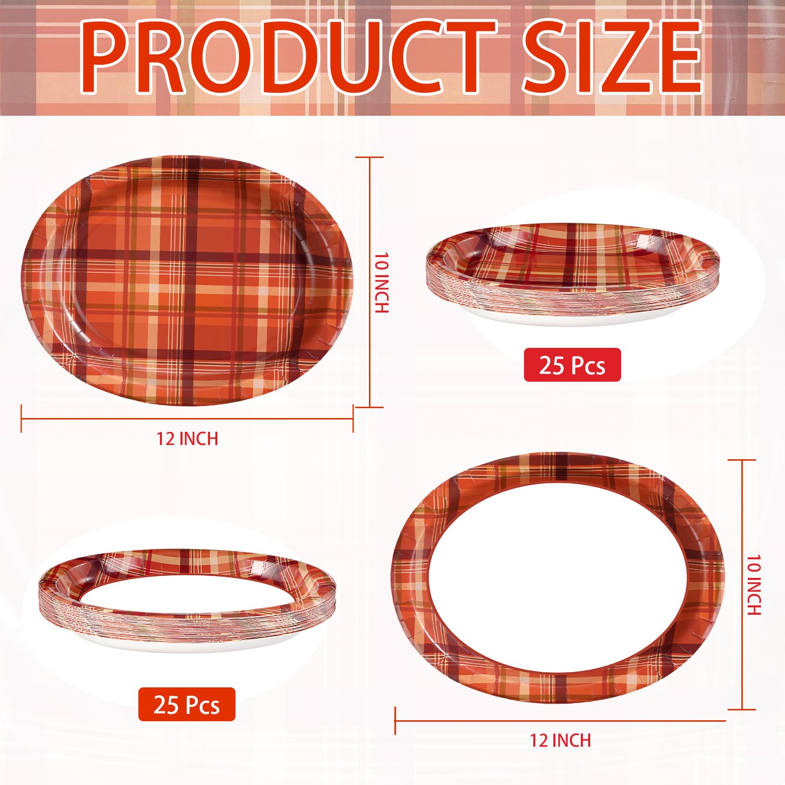 50Pcs Brown Orange Plaid Oval Paper Plates - Grencian