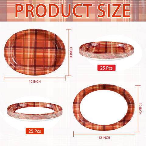 50Pcs Brown Orange Plaid Oval Paper Plates - Grencian
