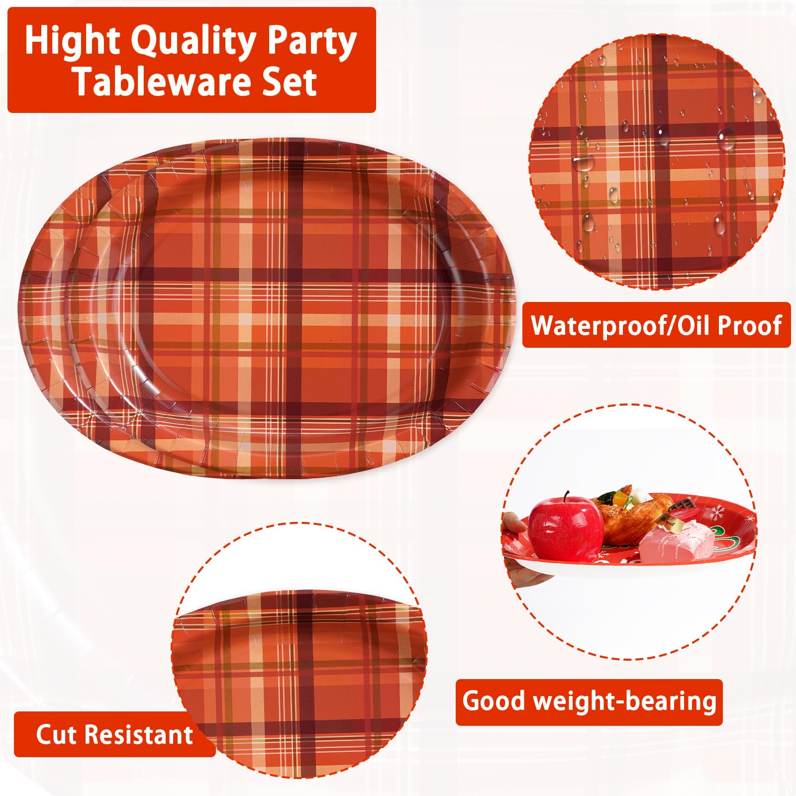 50Pcs Brown Orange Plaid Oval Paper Plates - Grencian