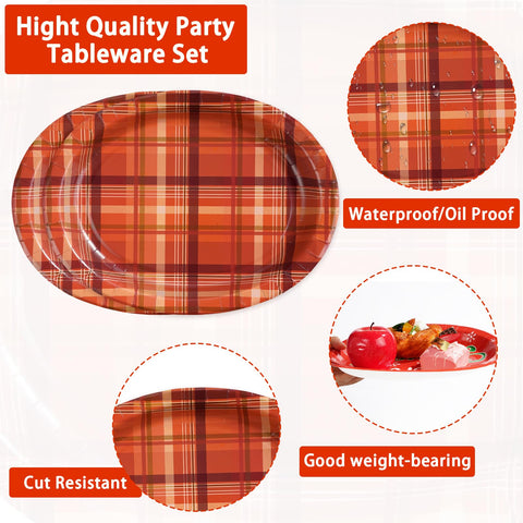 50Pcs Brown Orange Plaid Oval Paper Plates - Grencian