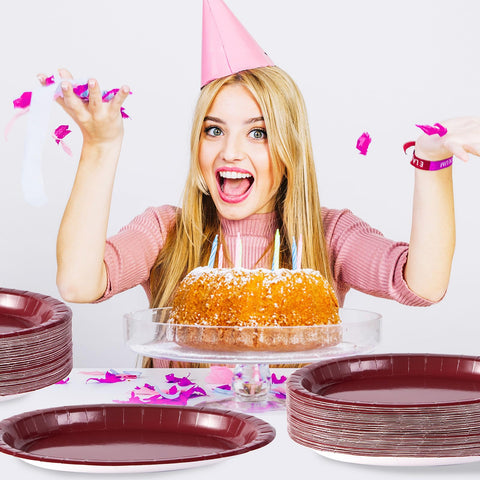 50Pcs Burgundy Oval Paper Plates - Grencian