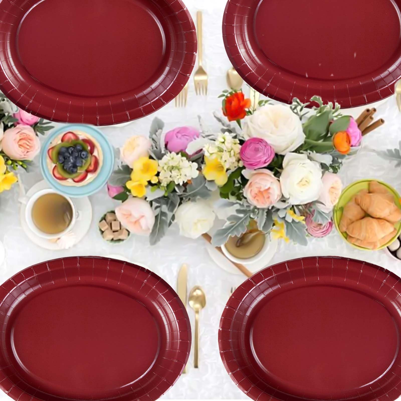 50Pcs Burgundy Oval Paper Plates - Grencian