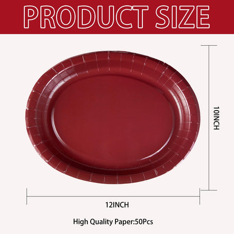 50Pcs Burgundy Oval Paper Plates - Grencian
