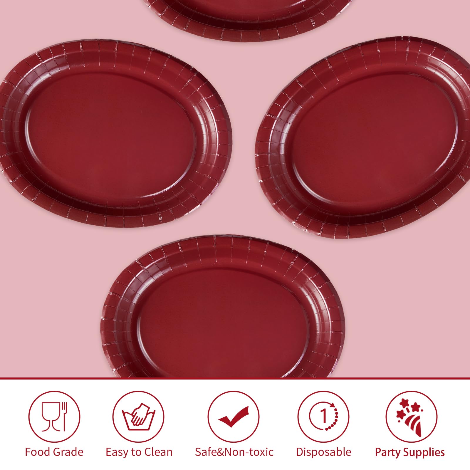 50Pcs Burgundy Oval Paper Plates - Grencian