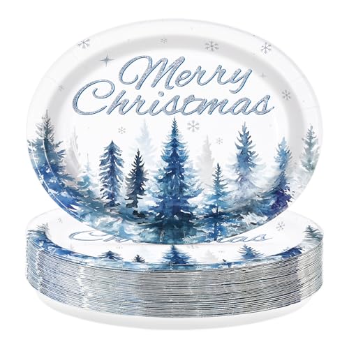 50Pcs Christmas Blue Tree Oval Paper Plates - Grencian