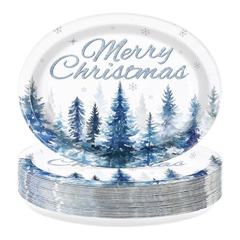 50Pcs Christmas Blue Tree Oval Paper Plates - Grencian
