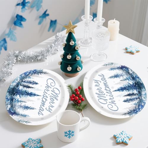50Pcs Christmas Blue Tree Oval Paper Plates - Grencian