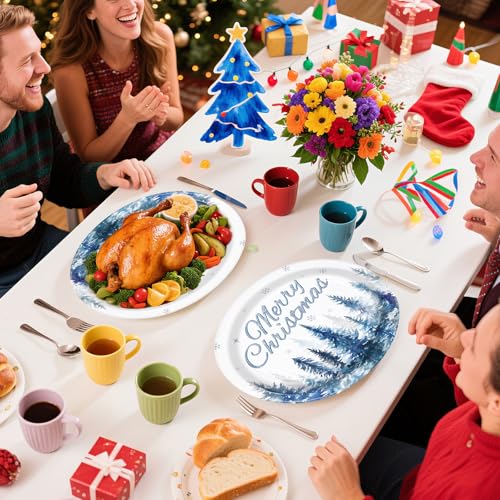 50Pcs Christmas Blue Tree Oval Paper Plates - Grencian