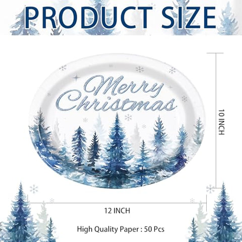 50Pcs Christmas Blue Tree Oval Paper Plates - Grencian