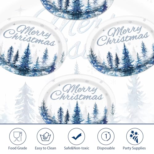 50Pcs Christmas Blue Tree Oval Paper Plates - Grencian
