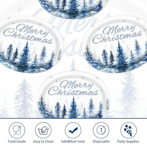 50Pcs Christmas Blue Tree Oval Paper Plates - Grencian