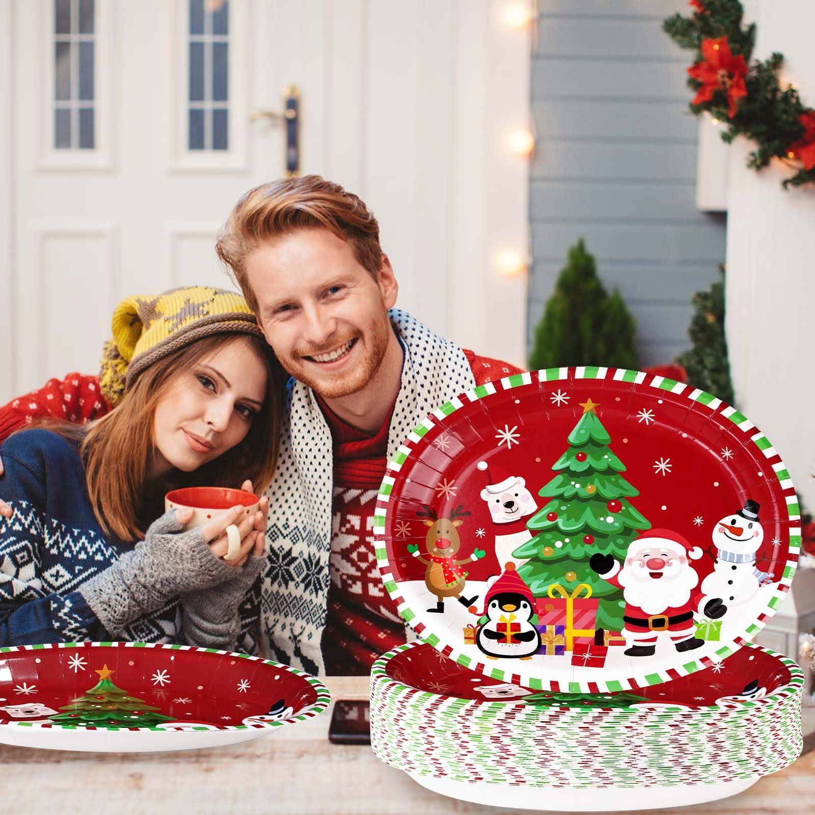 50Pcs Christmas Cartoon Animal Oval Paper Plates - Grencian