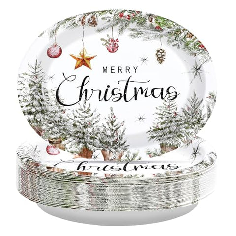 50Pcs Christmas Farmhouse Oval Paper Plates - Grencian