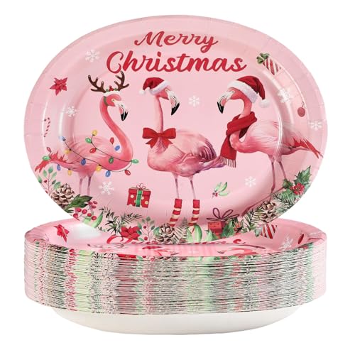 50Pcs Christmas Flamingo Oval Paper Plates - Grencian