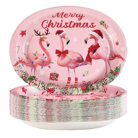 50Pcs Christmas Flamingo Oval Paper Plates - Grencian