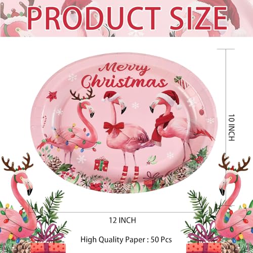 50Pcs Christmas Flamingo Oval Paper Plates - Grencian