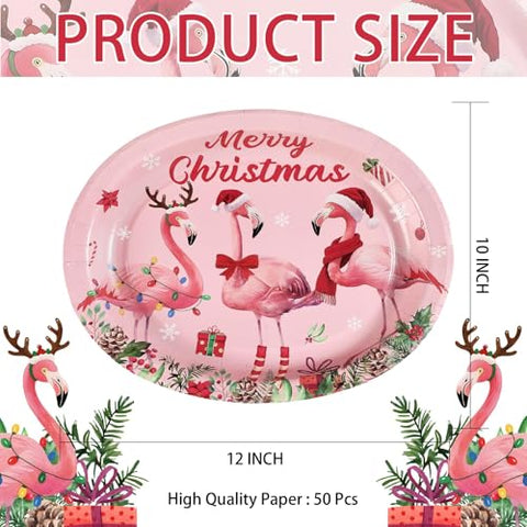 50Pcs Christmas Flamingo Oval Paper Plates - Grencian