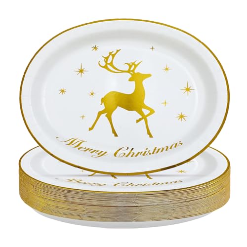 50Pcs Christmas Gold Reindeer Oval Paper Plates - Grencian