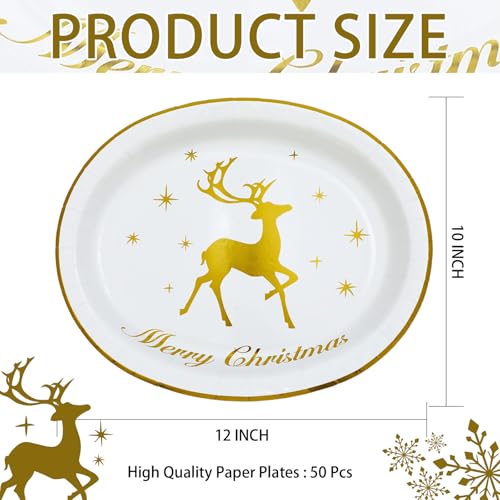 50Pcs Christmas Gold Reindeer Oval Paper Plates - Grencian
