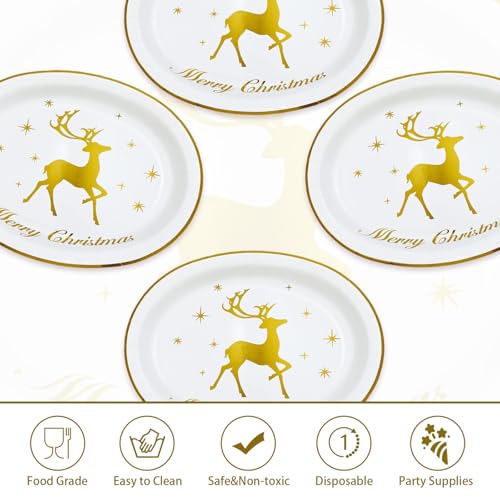 50Pcs Christmas Gold Reindeer Oval Paper Plates - Grencian