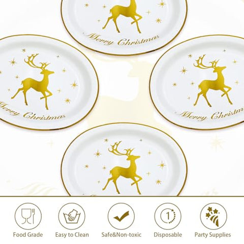 50Pcs Christmas Gold Reindeer Oval Paper Plates - Grencian