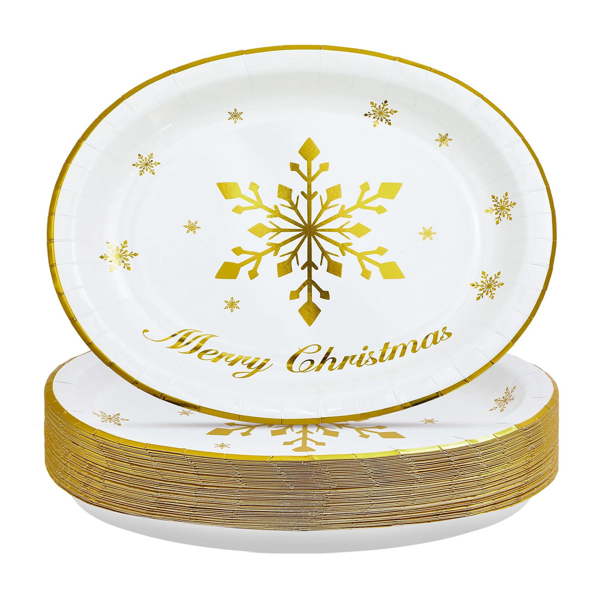 50Pcs Christmas Gold Snowflake Oval Paper Plates - Grencian