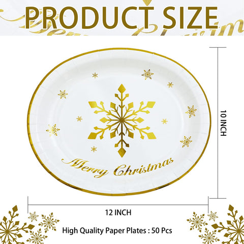 50Pcs Christmas Gold Snowflake Oval Paper Plates - Grencian