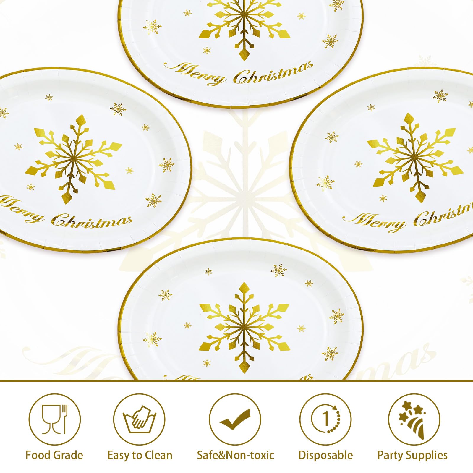 50Pcs Christmas Gold Snowflake Oval Paper Plates - Grencian