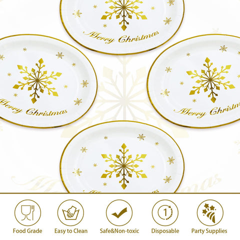 50Pcs Christmas Gold Snowflake Oval Paper Plates - Grencian