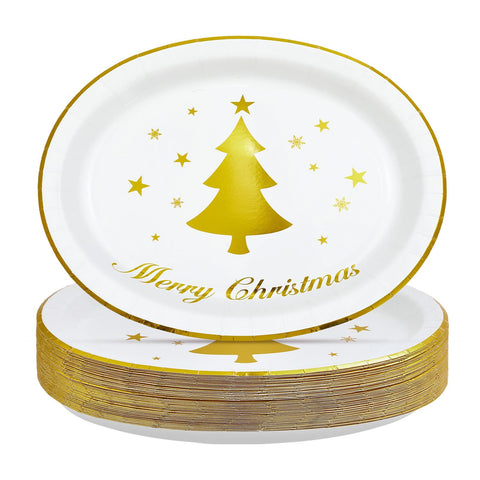 50Pcs Christmas Gold Tree Oval Paper Plates - Grencian