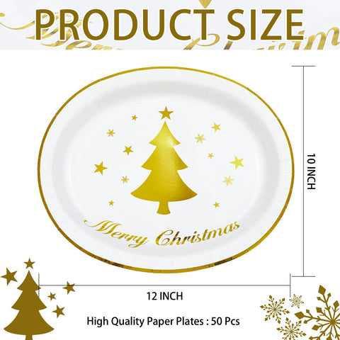 50Pcs Christmas Gold Tree Oval Paper Plates - Grencian