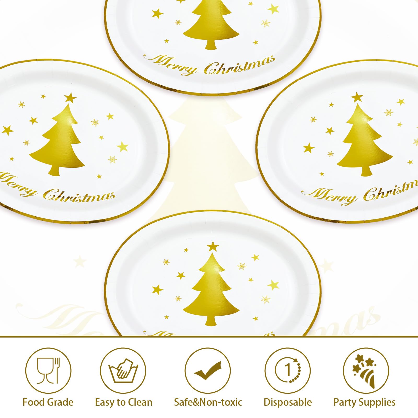 50Pcs Christmas Gold Tree Oval Paper Plates - Grencian