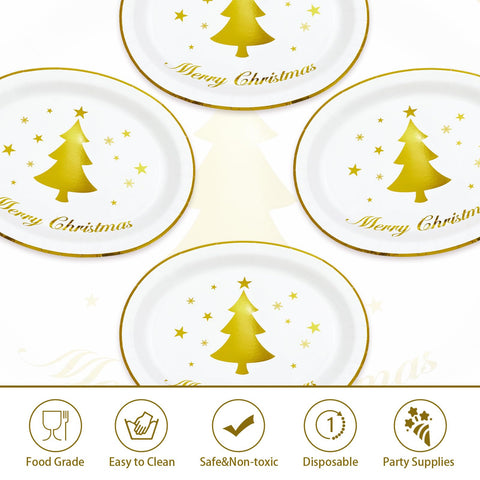 50Pcs Christmas Gold Tree Oval Paper Plates - Grencian