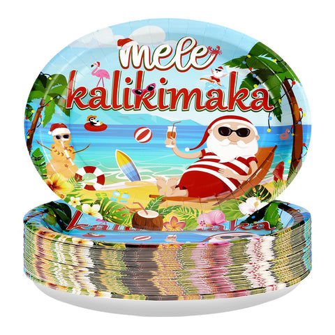 50Pcs Christmas Hawaiian Vacation Oval Paper Plates - Grencian