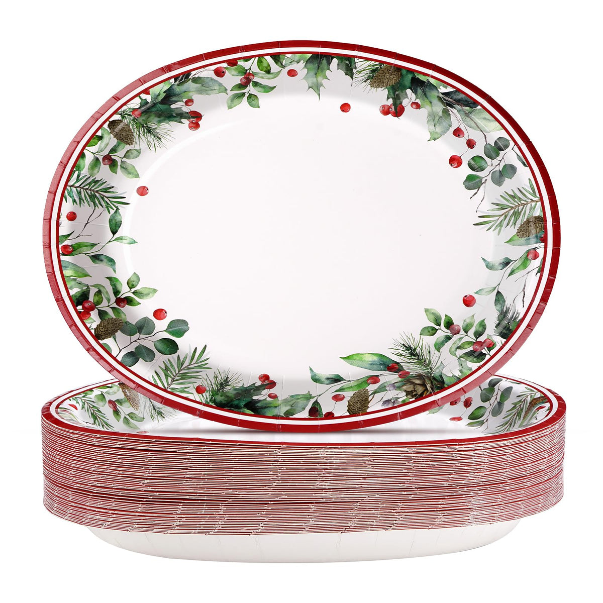50Pcs Christmas Holly Oval Paper Plates - Grencian