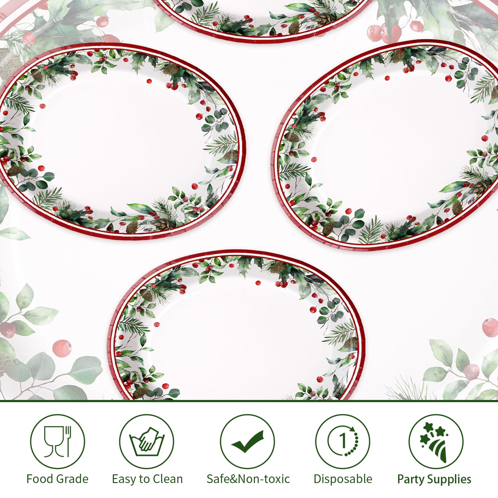 50Pcs Christmas Holly Oval Paper Plates - Grencian