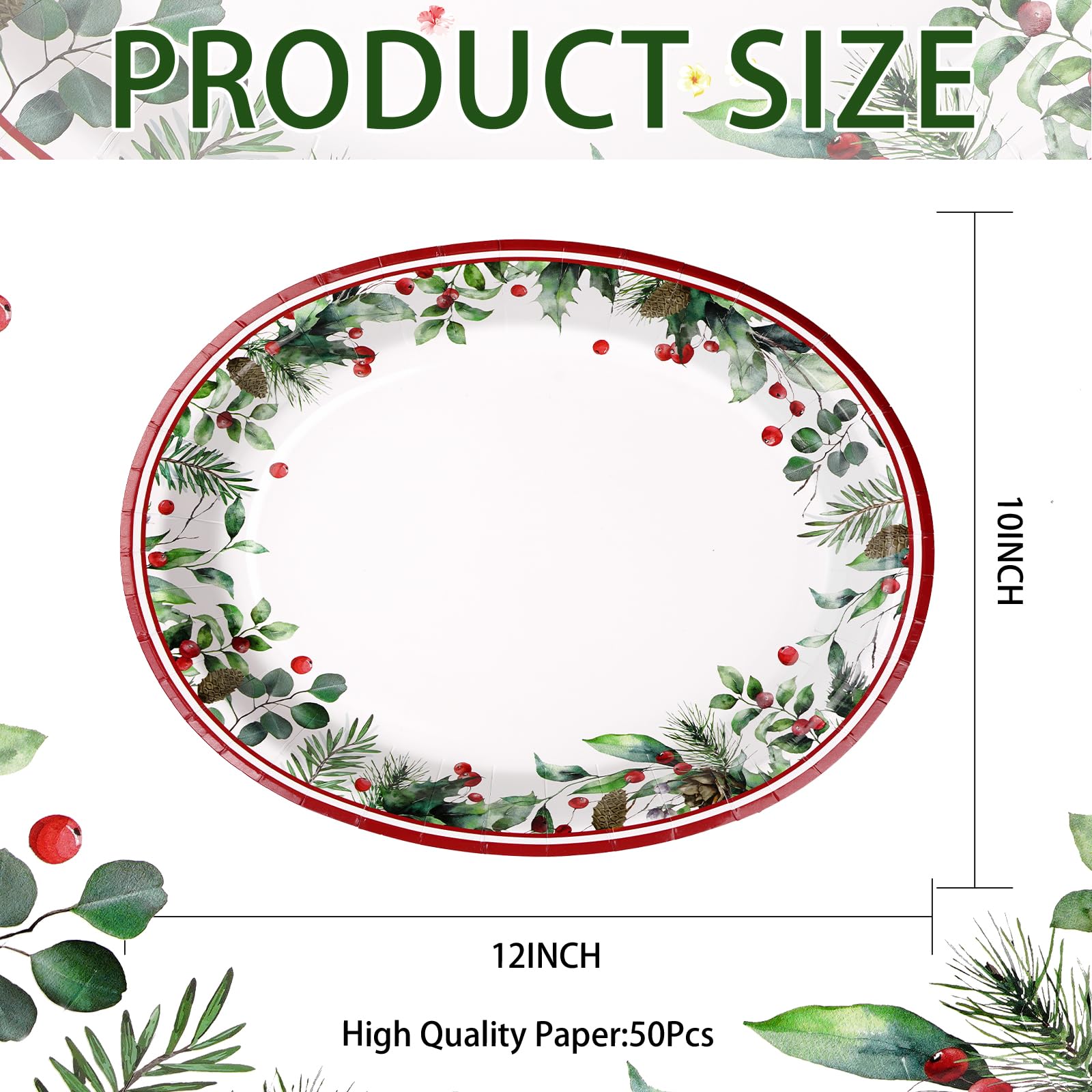 50Pcs Christmas Holly Oval Paper Plates - Grencian