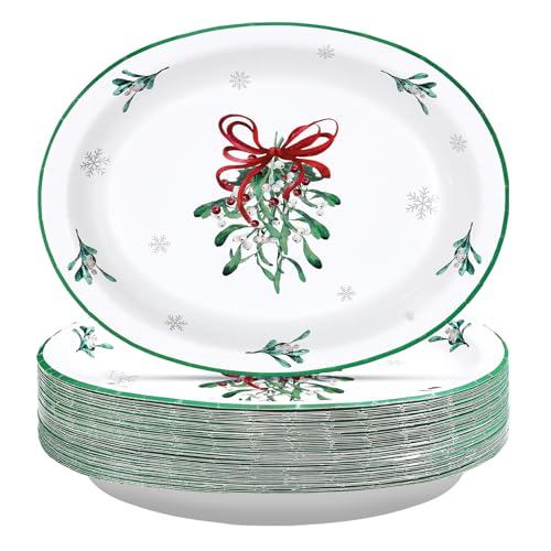 50Pcs Christmas Mistletoe Bow Oval Paper Plates - Grencian