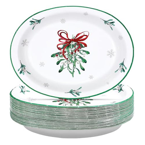 50Pcs Christmas Mistletoe Bow Oval Paper Plates - Grencian