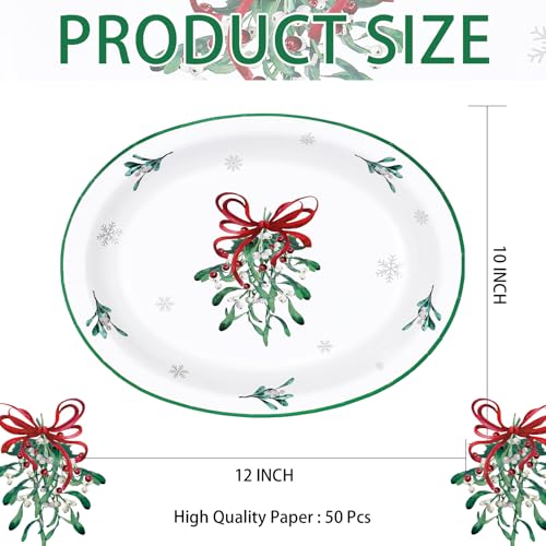 50Pcs Christmas Mistletoe Bow Oval Paper Plates - Grencian