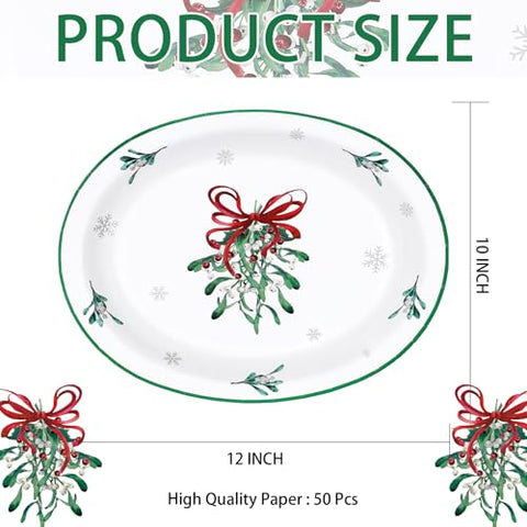 50Pcs Christmas Mistletoe Bow Oval Paper Plates - Grencian