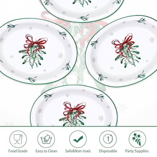 50Pcs Christmas Mistletoe Bow Oval Paper Plates - Grencian